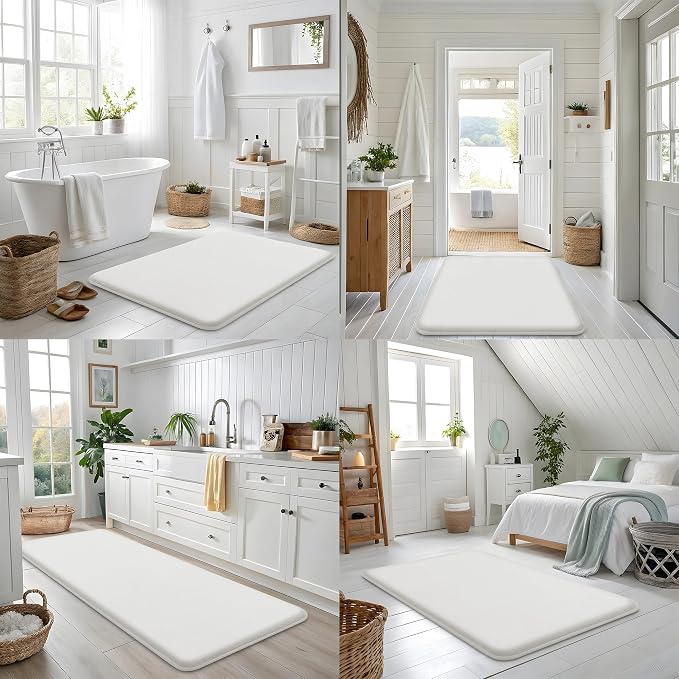 Smiry Memory Foam Bath Mat 47x17, Extra Soft and Absorbent Bathroom Rugs | Ivory White, Quick Dry Machine Washable Non-Slip Bath Mat for Bathroom Floor, Shower and Tub