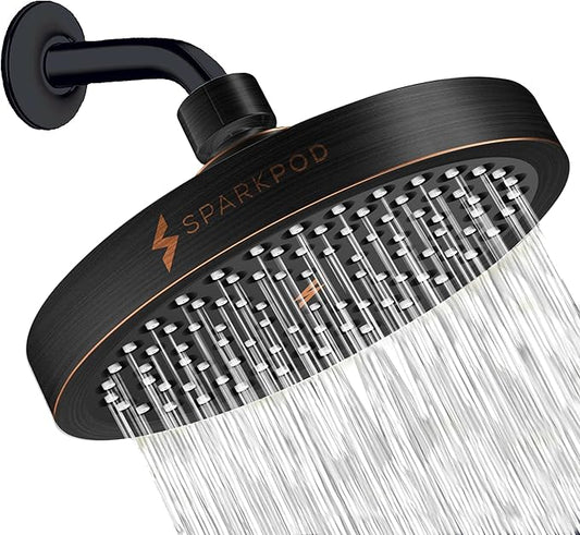 SparkPod Rain Shower Head, 6 Inch Round, Vintage Oil-Rubbed Bronze Finish | High Pressure Shower Heads, 90 Nozzles, Adjustable Showerhead, No Tools Needed, Universal Connection