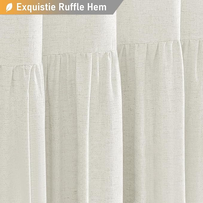 Long Linen Ruffle Farmhouse Cloth Boho Shower Curtain, 72x78, Natural | Ruffle Hem, Heavy Duty Fabric, 12 Hooks, Elegant Drape, Shabby Chic Style, Bathroom Decor, Machine Washable, Easy To Install