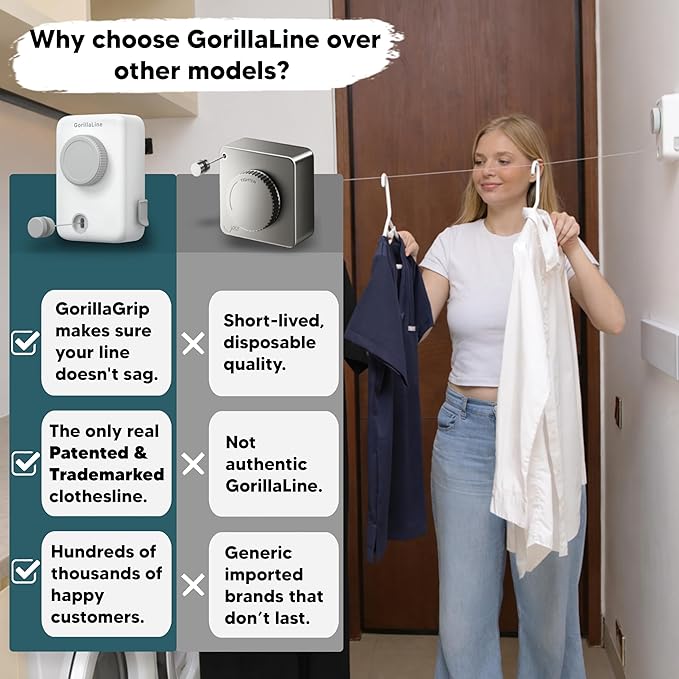 Max - Retractable Clothesline Indoor Outdoor Clothes Line - Heavy Duty Clothes Drying Laundry Line - Wall Mounted Drying Rack - Air Dry Clothing - Max Tighten with GorillaGrip