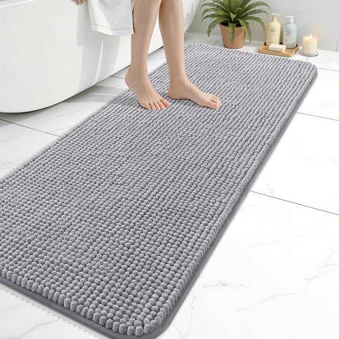 Arotive Chenille Bathroom Rugs 59x20, Soft Absorbent Bath Mat, Grey | Rubber Backing, Machine Washable Dry Bath Mats for Bathroom Floor, Tub and Shower, Home Decor Accessories