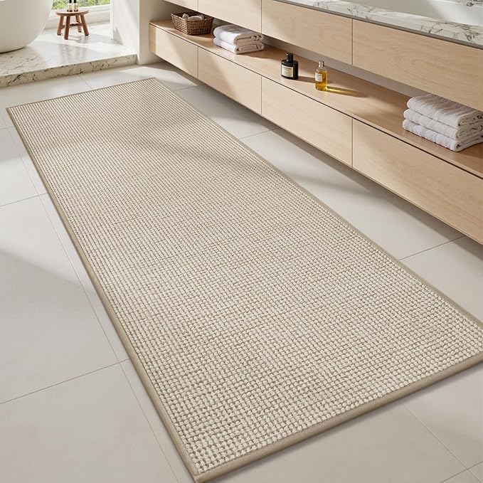 MontVoo Bathroom Runner Rugs,Chenille Absorbent Bath Mat Runner Quick Dry Rubber Backed Bath Runners Non Slip Washable Long Bathroom Rugs,Ultra Thin Bath Rugs Fit Under Door,24"x48",Beige
