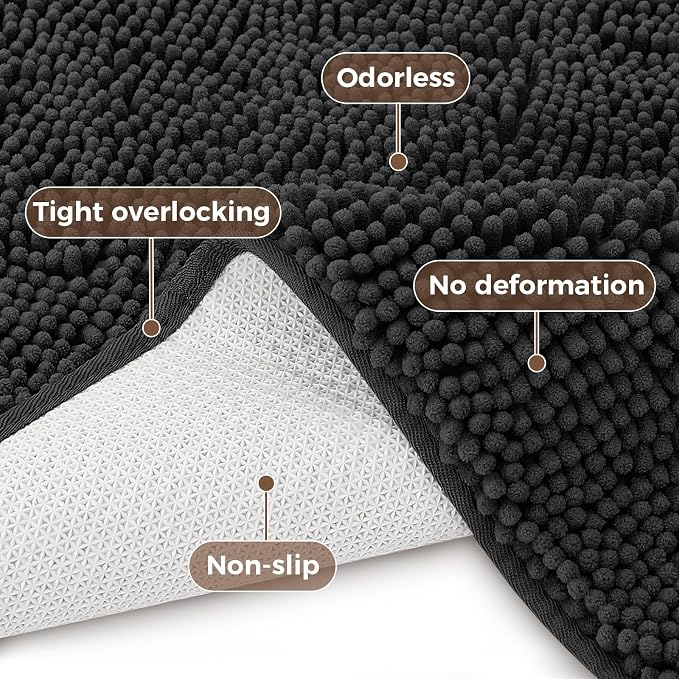 Bcoimo Bath Rug Mat Set,2 Piece Thick Absorbent Chenille Bathroom Mat Black | Non Slip with Rubber Backing 24x17 Bathroom Rug set; Machine Washable;Extra Soft Rugs;High Absorbent、Quick Dry Microfiber mat