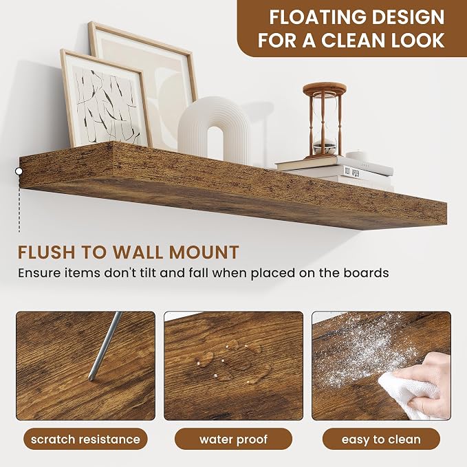 fuqing Floating Shelves for Wall, Wall Mounted Wood Floating Shelf with Invisible Brackets for Living Room, Bathroom, Bedroom, Kitchen Storage and Decor, 36 Inch Set of 2, Rustic Brown