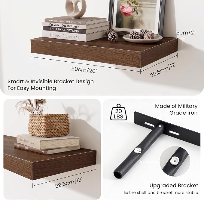 Fun Memories Wood Floating Shelves 20 Inch, 12 Inch Deep Shelves Wall Mount, Wall Shelves with Invisible Bracket, 20" Floating Shelves for Living Room Bathroom Bedroom, Walnut, Set of 2