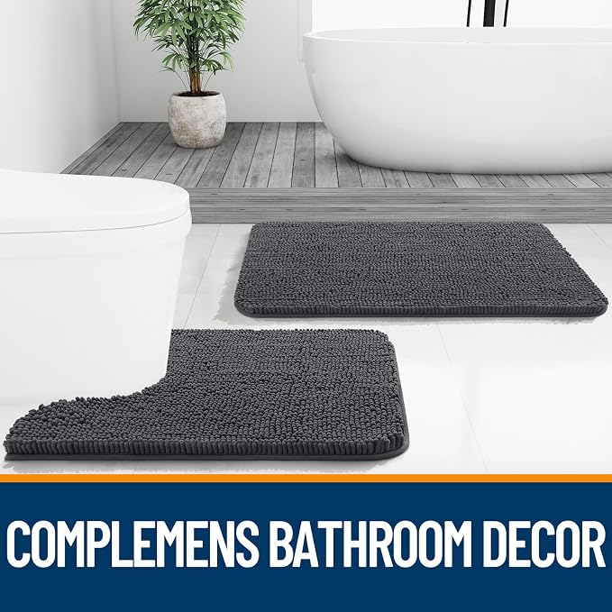 OLANLY Small Bathroom Rugs 24x16, Extra Soft Absorbent Chenille Bath Rugs | Dark Grey, Quick-Drying Rubber Backing, Machine Washable Bath Mat for Bathroom Floor, Tub and Shower, Home Decor Accessories
