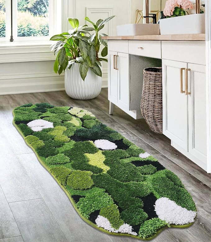 Hifuwan Cute Green Moss Bathroom Runner Rugs, Plant Leaf Bath Mats 20 x 43 | Boho Aesthetic, Long Rectangular Shaggy Non Slip, Machine Washable, Absorbent Bathmats for Bedroom, Shower Floor, Home Decor