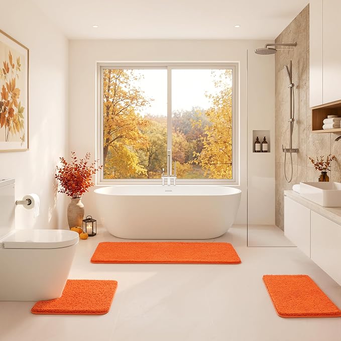 MIULEE Fall Orange Microfiber Toilet Bath Rug U-Shaped Contour 20x20 Inch | Absorbent, Non Slip, Quick Dry, Fluffy Bath Rugs for Bathroom Floor Tub Showers, Machine Washable