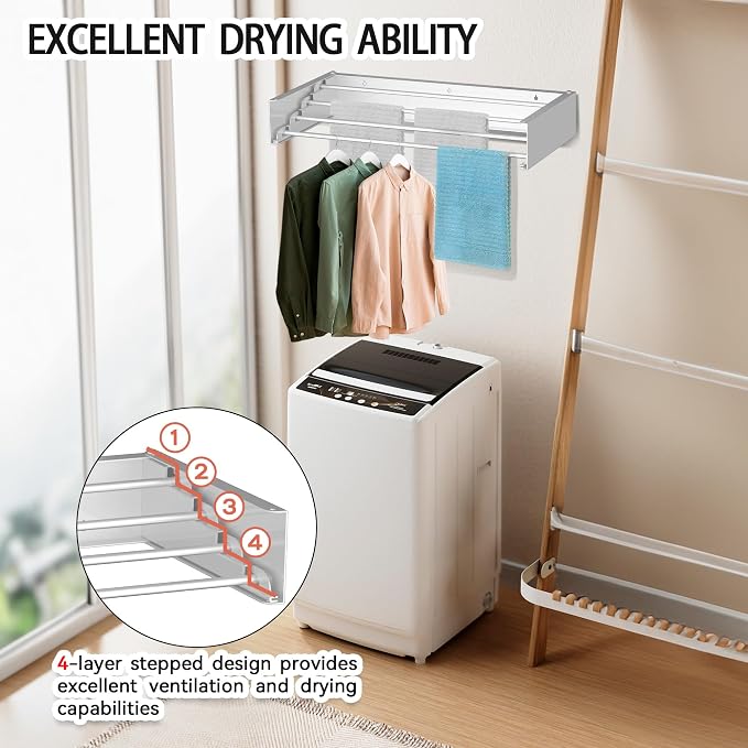 Laundry Drying Rack Wall Mounted Clothes Drying Rack White,23.6" | Collapsible Drying Rack With 4 Aluminum Rods and Drilling Template Long Screwdriver Bit 60 lbs Capacity