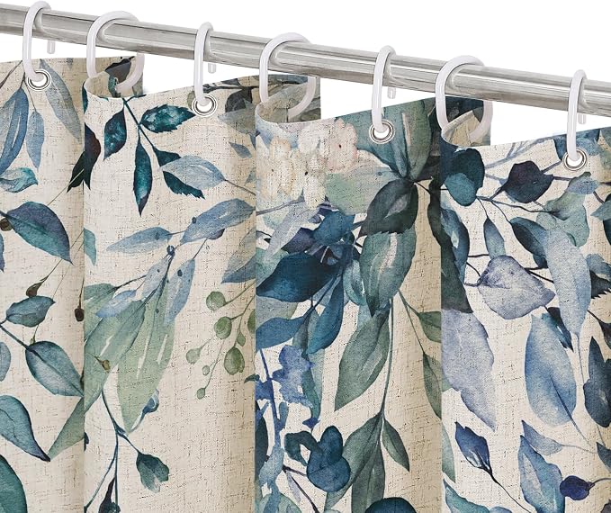 Blue Linen Eucalyptus Shower Curtain, Watercolor Floral, 36x72 | Watercolor Plant Leaves Floral Print, Polyester Linen Blend Bathroom Decor, Machine Washable, Rustproof Grommets