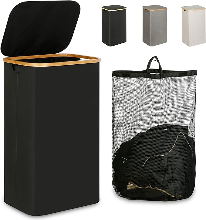 IEGrow Laundry Hamper with Lid,110L Laundry Basket with Mesh Bags,Black | Dirty Clothes Hamper Basket with Bamboo Handle for Clothes Towels