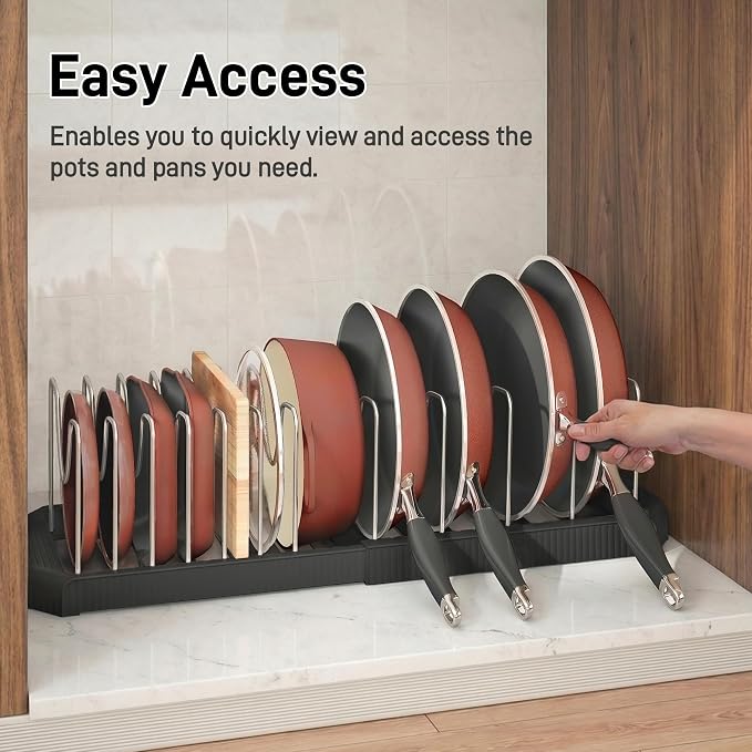 Expandable Pan Organizers Inside Cabinet with 12 Dividers Black | Extends 12.9-21.9", Holds cookie sheets, cutting boards, pot lids and pans, iron dividers, plastic base, under cabinet rack