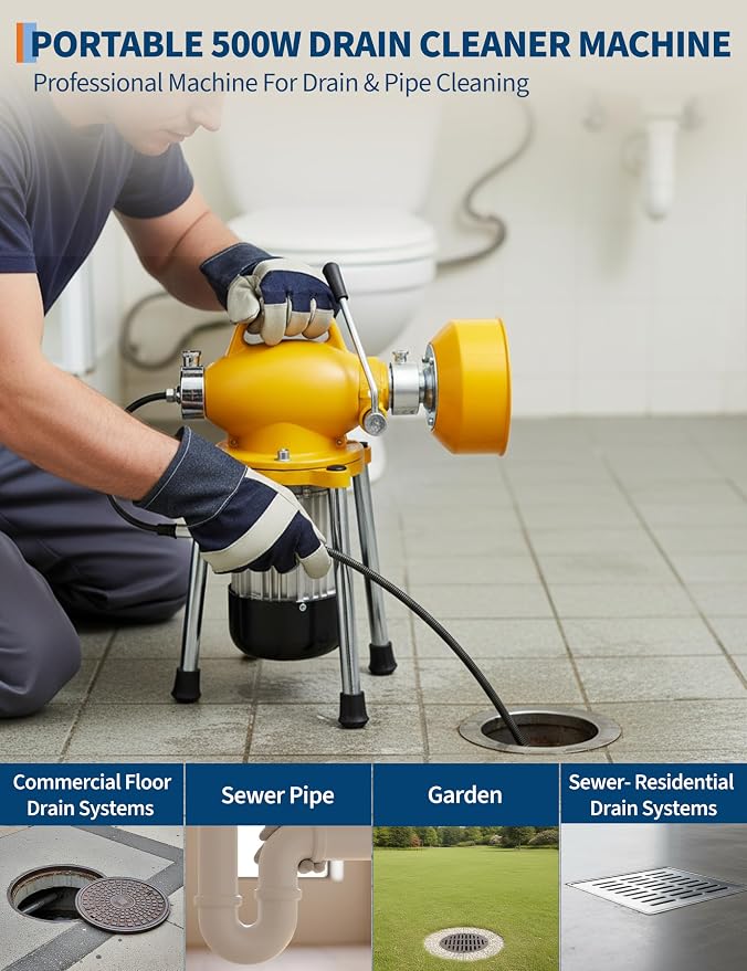 500W 400 RPM Auto Feed Electric Drain Cleaner Machine | Portable Drain Cleaning Auger Sewer Snake with 66 ft x 5/8" & 16 ft x 3/5" Steel Cables & 6 Cutters, for 1.6"-4" Pipes