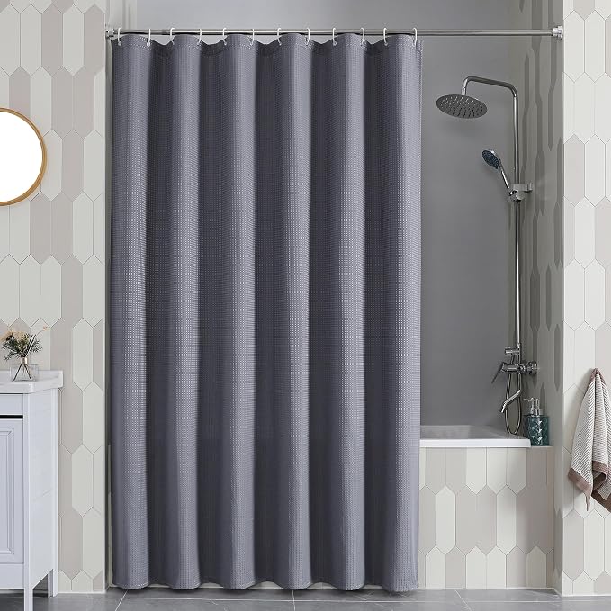 Long Fabric Shower Curtain Set, Waffle Textured Shower Curtain for Bathroom - Weight 230GSM Heavy Duty Hotel Spa Luxury Bath Curtain Set with 12 Plastic Hooks, 72x78, Grey