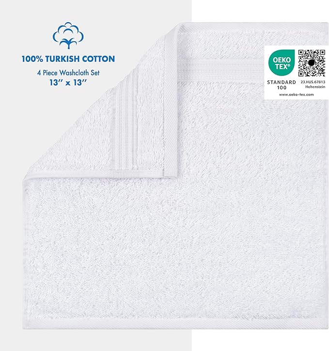 Cotton Paradise 100% Cotton Turkish Towel Set, Soft Absorbent Quick Dry, 4 Piece Washcloth Set, Snow White
