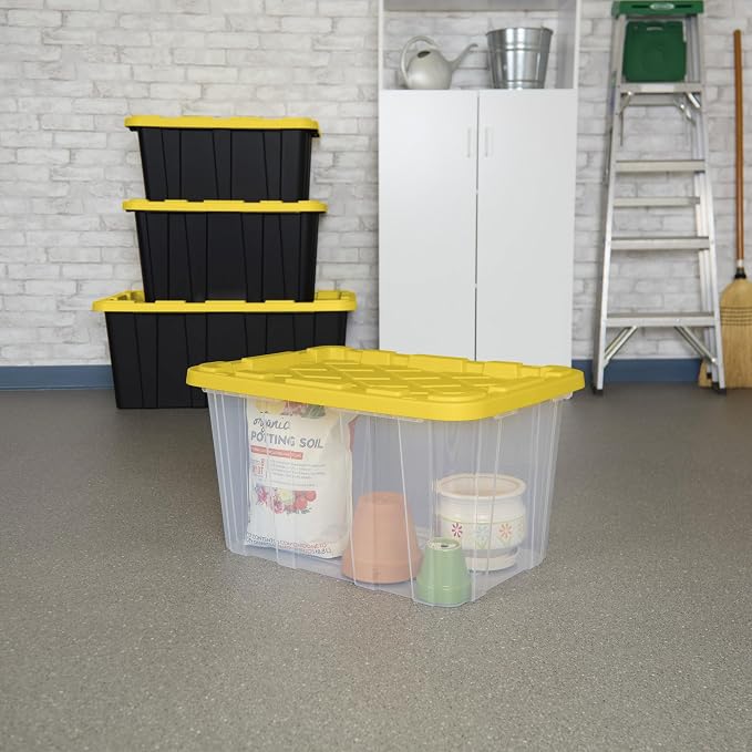 Sterilite Industrial Storage Tote with Lids for Garage, 27 Gallon, 16-Pack | Heavy-Duty and Stackable Utility Box Containers for Home, Office, and Basement Organization, Yellow