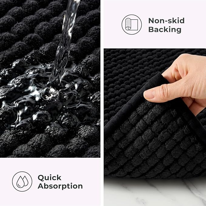 FRESHMINT Thick Chunky Chenille Bathroom Rug, Black, 17"x24" | Non-Slip Backing, Water Absorbent Surface, Machine Washable Care, Cushioned Comfort, Bathroom Floor Use