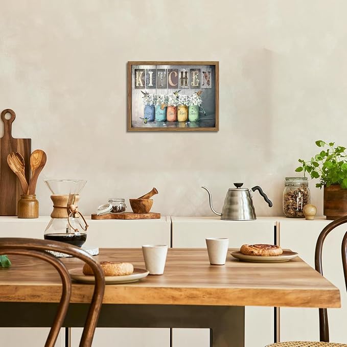 Framed Vintage Kitchen Canvas Wall Art, Retro Letter Signs with Colorful Jars, Florals and Birds Prints, Rustic Farmhouse Wood Grain Poster, Cottagecore Wall Decor for Kitchen Dining Room, 12x16in