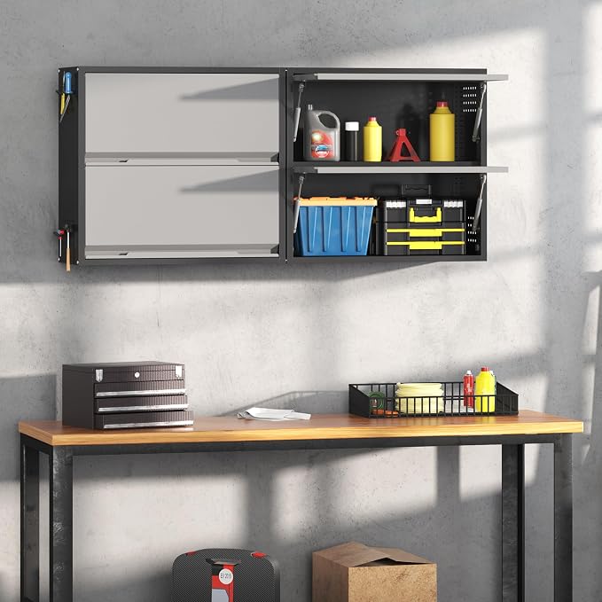 2 Door Garage Wall Cabinet with Up-Flip Door, 25.6" H Metal Wall Cabinet | Wall Mounted Metal Storage Cabinet for Garage,Basement,Ware House Assembly Required