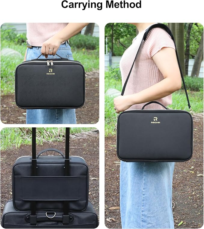 Relavel Makeup Train Case With LED Mirror, Professional Travel Cosmetic Bag with Removable Partitions,Compact Makeup Organizer, Waterproof Toiletry Case for Women, Black