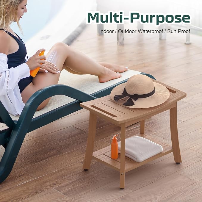 Waterproof HIPS Shower Bench for Inside Shower, Shower Stool, Brown | Ergonomic design, For seating and leg shaving, Wood-Look texture, Easy care, Storage shelf, Non-slip leveling feet, 400 lb