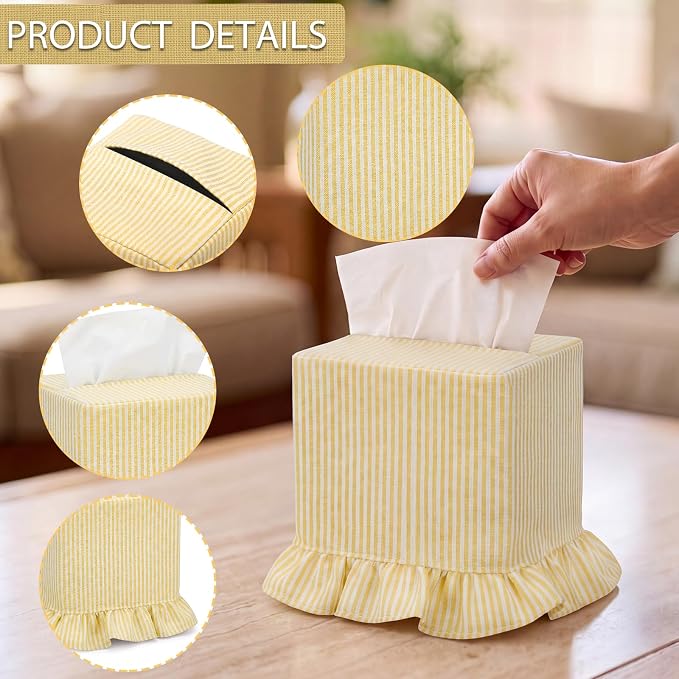 Sawysine Yellow White Striped Fabric Tissue Box Cover Summer Theme Ruffled Square Napkin Holder Fresh Style Decorative Sleeve for Home Bedroom Bathroom Kitchen Office Indoor Home Summer Decor