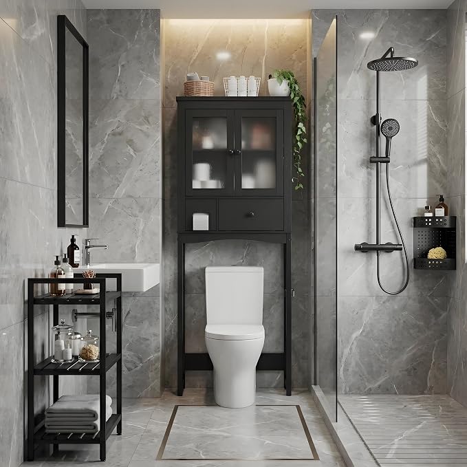 Garvee Over-The-Toilet Storage Rack, Vintage Bathroom Organizer | MDF Shelves & Steel Frame, Space-Saving Toilet Shelf for Small Bathrooms, Bathroom Cabinet for Towels & Toiletries, Black