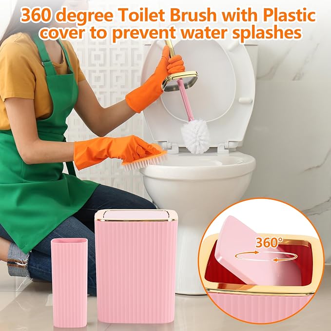 9 PCS Pink Bathroom Accessories Set with Trash Can Bathroom Accessory | All-in-One Kit with Trash Can,Toothbrush Holder,Soap Dispenser,Toothbrush Cup,Vanity Tray,Soap Dish,Toilet Brush etc for Home