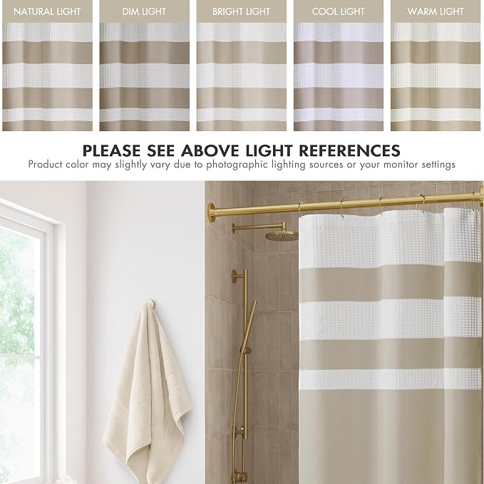 Madison Park Spa Waffle Weave Stall Shower Curtain, 36 x 72, Taupe | Striped, Pieced Fabric Design, 3M Scotchgard Moisture Management, Hotel Quality, Modern, for Bathroom, OEKO-TEX Certified