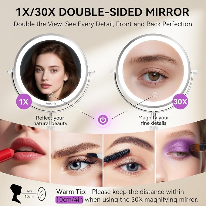 Auxmir 9" 1X/30X Lighted Makeup Mirror, Rechargeable Maginfying Mirror | 3 dimmable colors, 14.9-18.5 in adjustable height, 3000mAh, 360°rotation, stable storage base, 30X magnification, Chrome