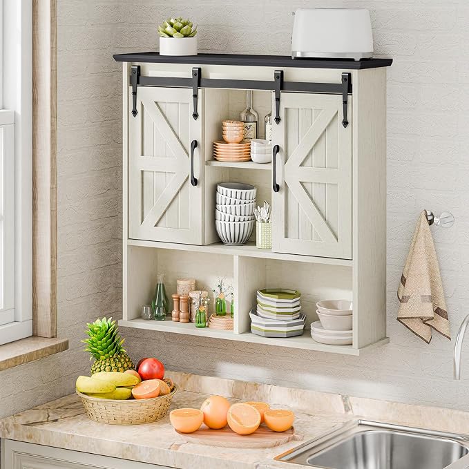 Vabches Bathroom Wall Cabinet, Farmhouse Medicine Cabinet, White and Black | Wooden Vintage Storage Cabinet Wall Mounted with Double Sliding Barn Door and Adjustable Shelf for Bathroom, Kitchen