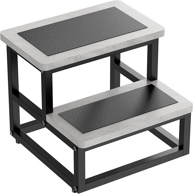 SZLHANJZ Step Stool, Wood & Metal Step Stools for Adults Kids, 500 LB Load | Heavy Duty Step Stool for Kids Adults, Non-Slip 2 Steps Foot Stool for High Beds and Kitchen, Round Corner, Cement Gray