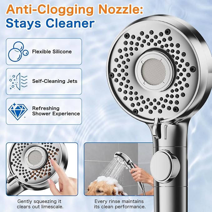 Shower Head with Handheld with 5 Spray Modes and Detachable Power Wash, High Pressure Shower Head with ON/OFF Switch for Pets, Clean Tub, Shower Heads with Stainless Steel Hose