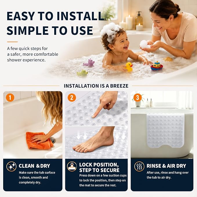 Yimobra Non Slip Bathtub Mat 40 x 16 Inch, Extra Long Shower Mat with Drain Holes, Machine Washable Baby Bath Mats, Strong Suction Cups for Bathroom Floor, Clear