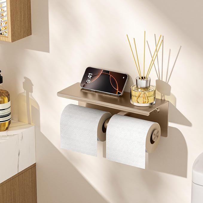 FORIOUS Toilet Paper Holder with Shelf, Commercial Toilet Paper Dispensers | Champagne Gold | Wall Mount Bathroom Tissue Holder | SUS304 Stainless Steel Rustproof | Double Tissue Roll Holder