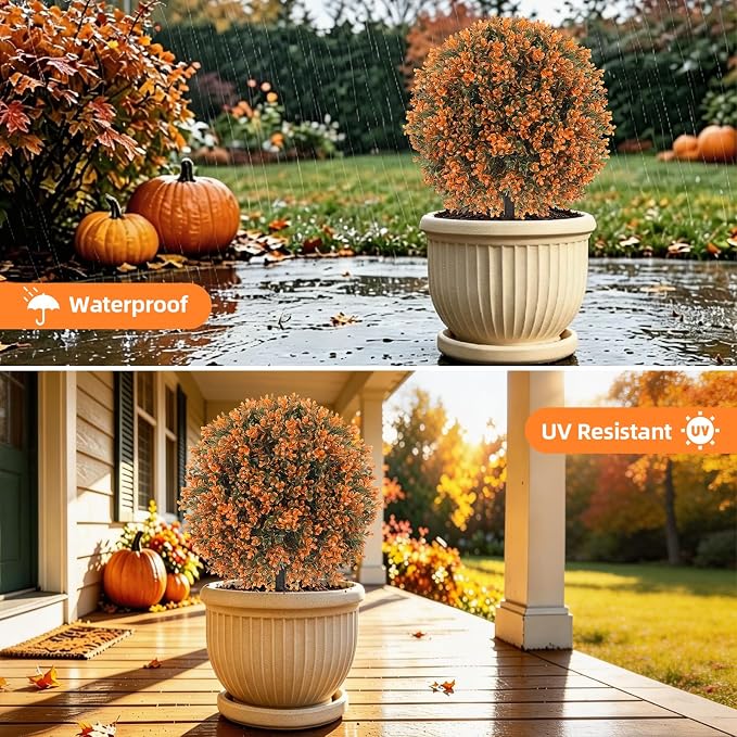 Artificial Boxwood Topiary Ball Outdoor Set of 2, Fake Bushes | Fall UV Resistant,Fake Plants with Ground Spike,Faux Boxwood Trees Shrubs for Outdoor Indoor Garden Porch Home Decor
