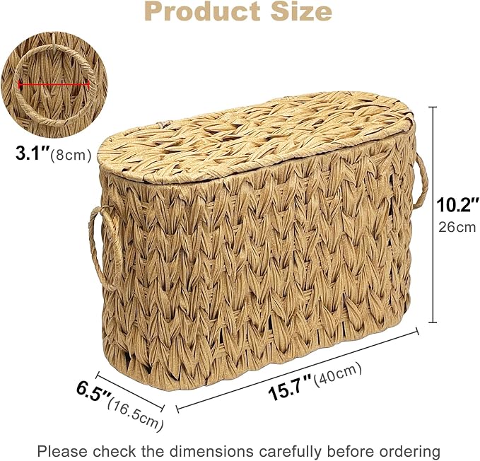 Toilet Paper Storage Basket with Lid, Narrow Bathroom Organizer for 6 Mega Rolls, Waterproof Wicker Look Plastic Basket with Handles, Toilet Tank Top Holder, Farmhouse Bathroom Storage Bin (Linen)