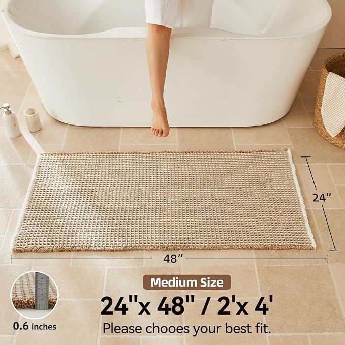 Triohero Waffle Bath Mat, Boho Bathroom Rugs Non Slip, 24x48 Khaki & White | Super Absorbent Quick Dry Bath Rug, Non-Slip Backing, Soft Waffle Washable Farmhouse Bathroom Mats, Tub, Shower & Home Decor