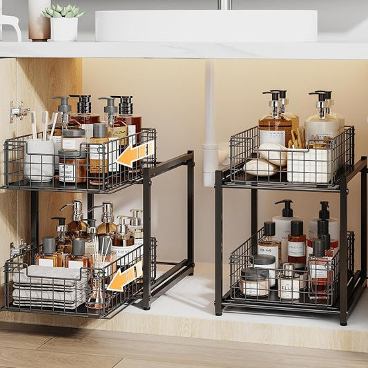 Under Sink Organizer, 2-Tier Pull Out Cabinet Organizer, Kitchen Bathroom Organizer and Storage, Spice Rack for Kitchen, Multi-use Sliding Drawers Shelves (1, Black)