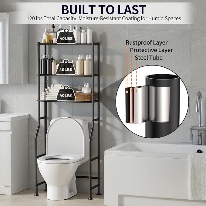 3-Tier Over The Toilet Storage, Freestanding Metal Bathroom Shelves, Space Saver Above The Over Toilet Storage Shelf for Bathroom (Black)
