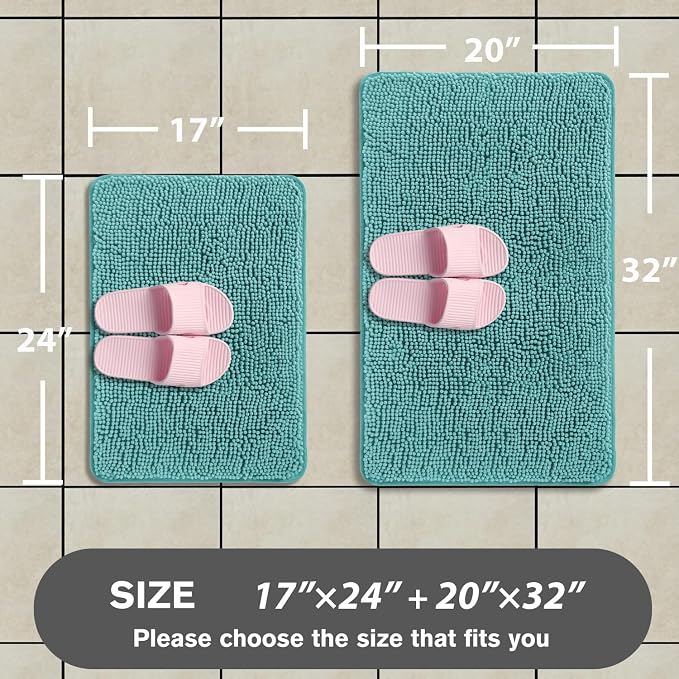 Teal Bathroom Rugs Sets 2 Piece – Absorbent and Washable Bath Mat, Non-Slip, Thick Soft Chenille Bath Rugs for Bathroom Floor, Shower, Sink - 17" x 24"+20" x 32"