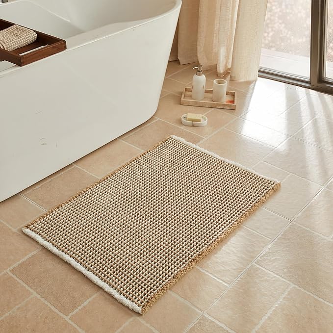 Triohero Waffle Bath Mat, Boho Bathroom Rugs Non Slip Washable, Ultra Soft Super Absorbent Quick Dry Farmhouse Bathroom Decor, 24" x 36", Khaki & White