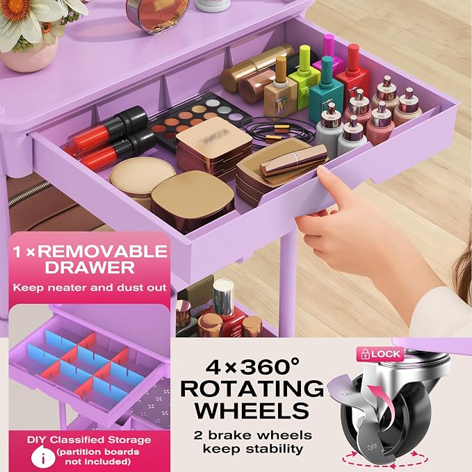 Goovilla Rolling Makeup Organizer Cart with Removable Drawer, 3 Tier Purple | Stable Floor Skincare Storage Cart for Vanity, Cosmetic Display, Nail Polish, Perfume, Hair Stuff, Beauty, Bathroom(Plastic)