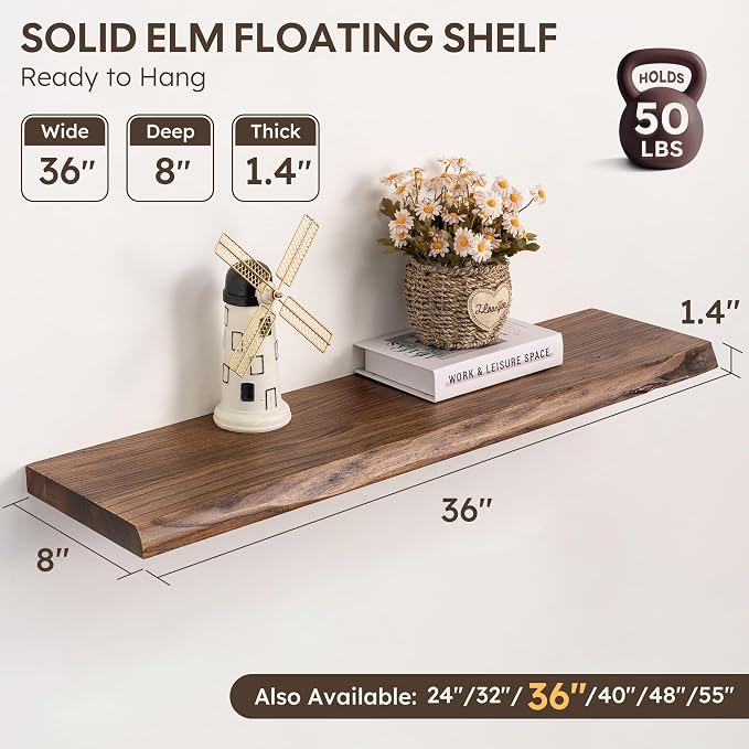 36 Inch Floating Wall Shelves Solid Elm Wood Set of 2 | Vintage Live Edge Wood Grain, Heavy Duty Hidden Brackets, Wall Decor For Living Room, Bedroom, Kitchen & Bathroom