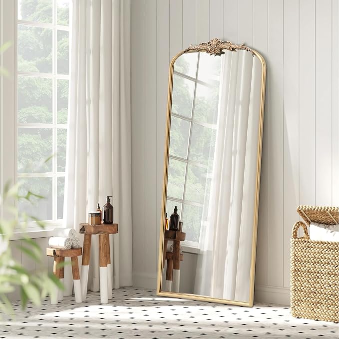 Besdomus Vintage Mirror Full Length: 21"x56" Champagne Arched Body Mirrors | French Floor Standing Metal Framed - Antique Baroque Traditional Ornate - Ideal for Foyer/Cloakroom/Bedroom/Dressing Room