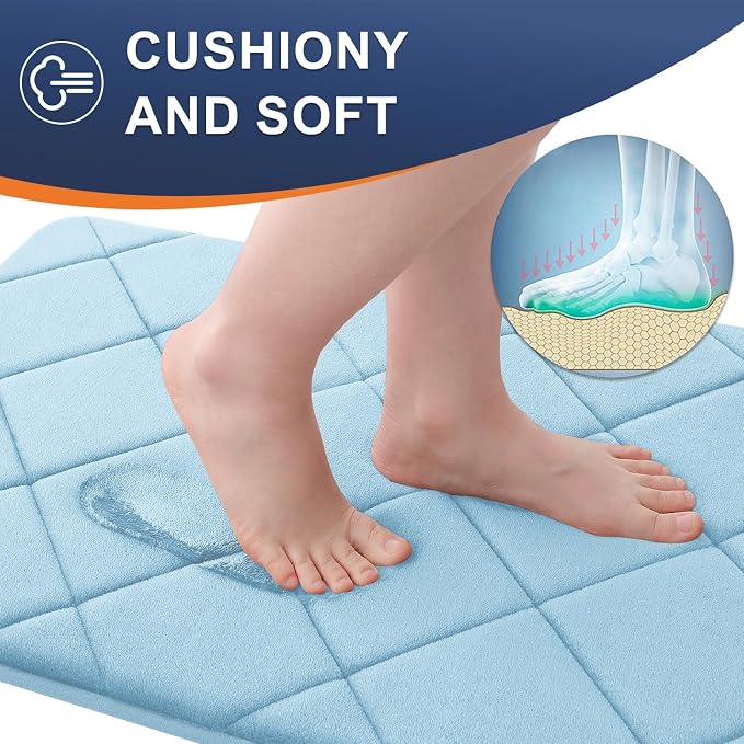 OLANLY Memory Foam Bath Mat 59x34, Ultra Soft and Absorbent Bathroom Rugs | Sky Blue, Quick Dry, Machine Washable Shower Bath Rugs, Comfortable Bath Carpet for Bathroom Floor, Tub and Shower