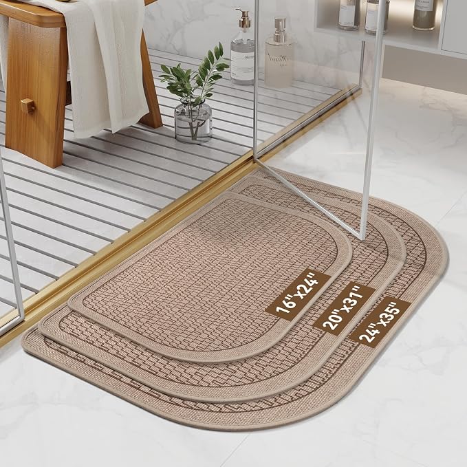 Half Circle Bath Mat, Thin Bathroom Rugs Fit Under Door, Brown 16x24 | Non Slip, Quick Dry Absorbent, Rubber Backing Washable, Semi Circle Bathmat for Bathroom Floor, Tub and Shower, Home Decor