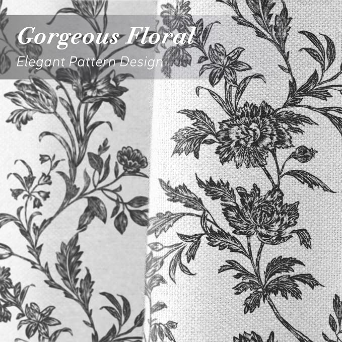 Black and White Floral Shower Curtain,Vintage Cotton Cottagecore Gray Shower Curtains for Bathroom, 72" W x 72" L
