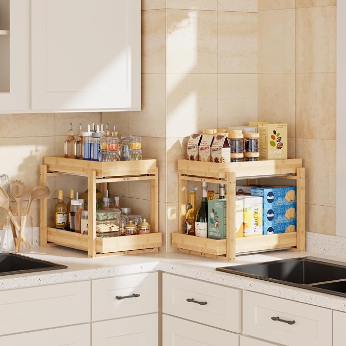 APRTAT 2 Pack Bamboo Under Sink Organizer, 2-Tier Pull Out Storage Drawers | Smooth pull-out drawers keep cleaners and tall bottles visible, organized and easy to reach in kitchen or bathroom cabinets