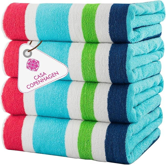 CASA COPENHAGEN Monaco Beach Towels Designed in Denmark Rough and Tough, Quick Dry, for Pool, Bath & Shower 30x60 inches 4 Pieces Cotton Beach Bath Towels Set - Rainbow Pink